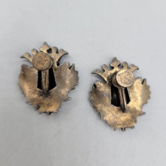1940s Hungarian Enamel Screw-Back Earrings Vintage Folk Art Bronze - Picture 5 of 5